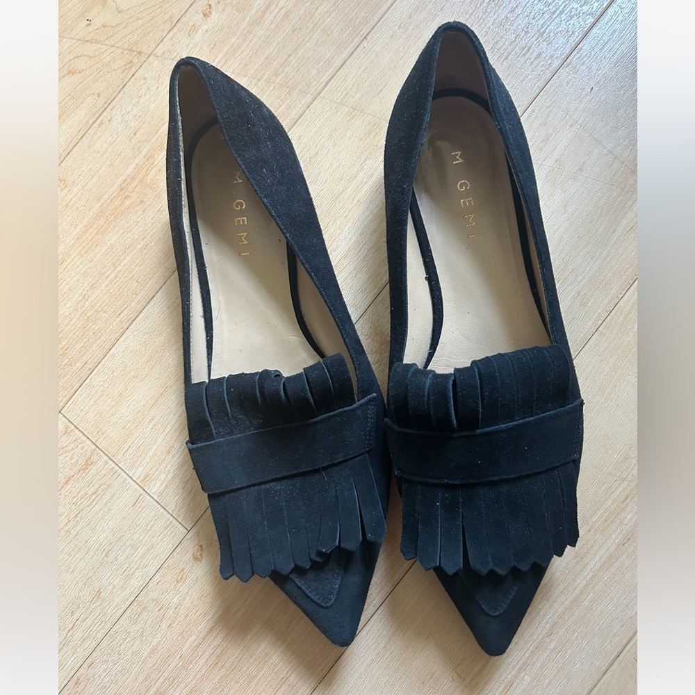 M. Gemi black Suede Fringe Pointed Toe Flats